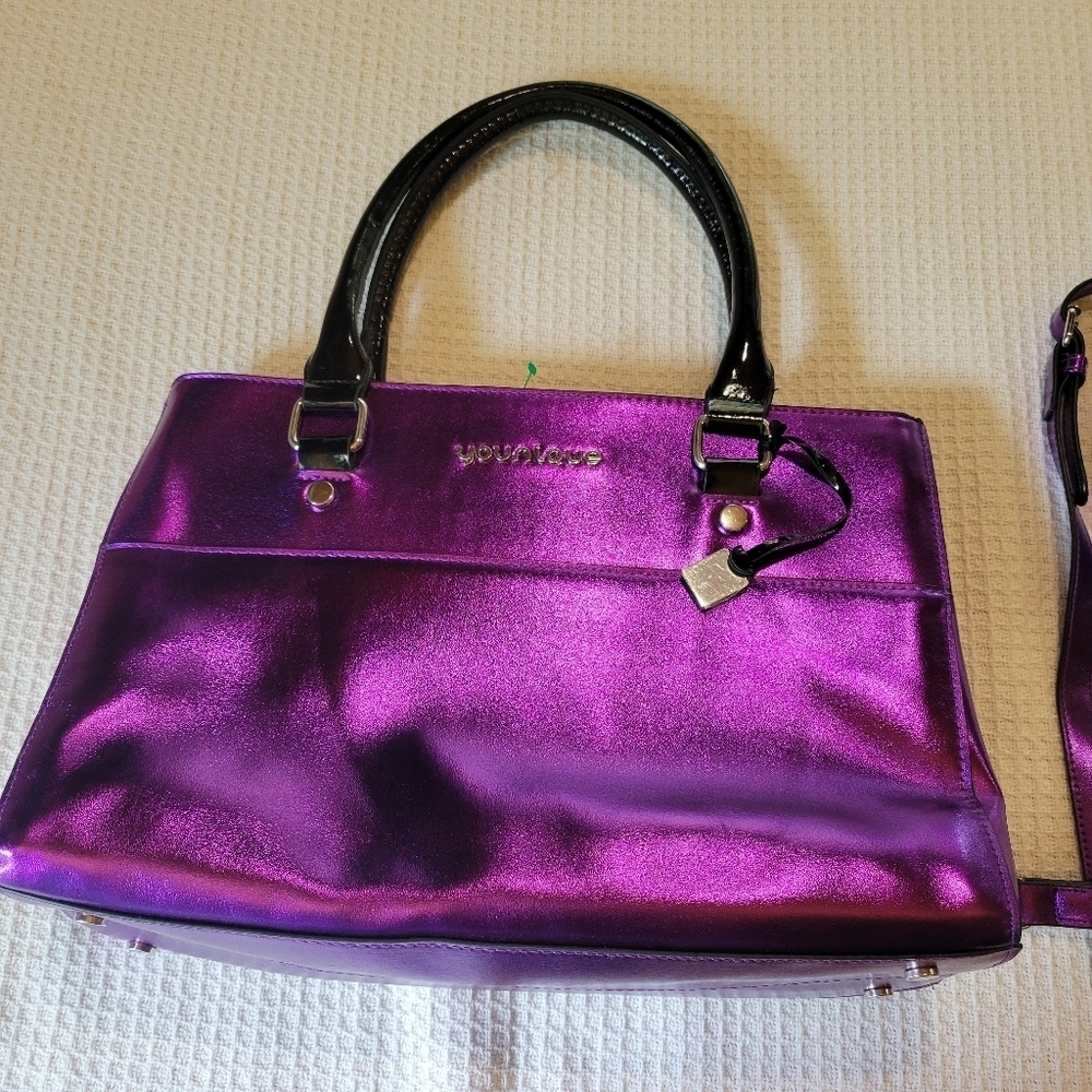 Shiny Purple Handbag with Black Handles - Picture 3 of 16